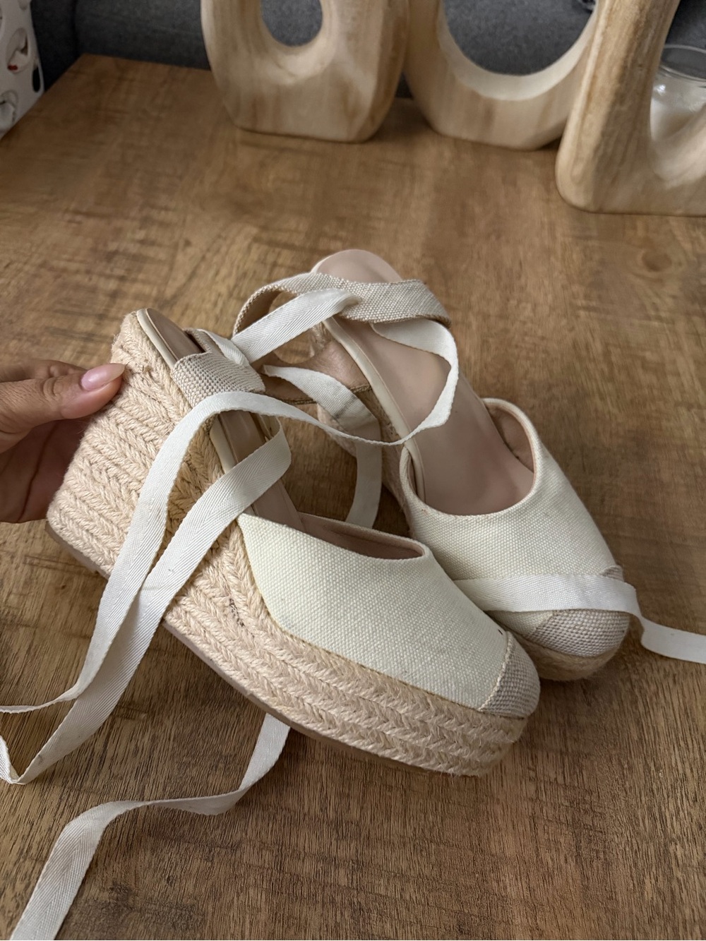 Womens Cream Espadrille Wedge Sandals with Ankle Tie